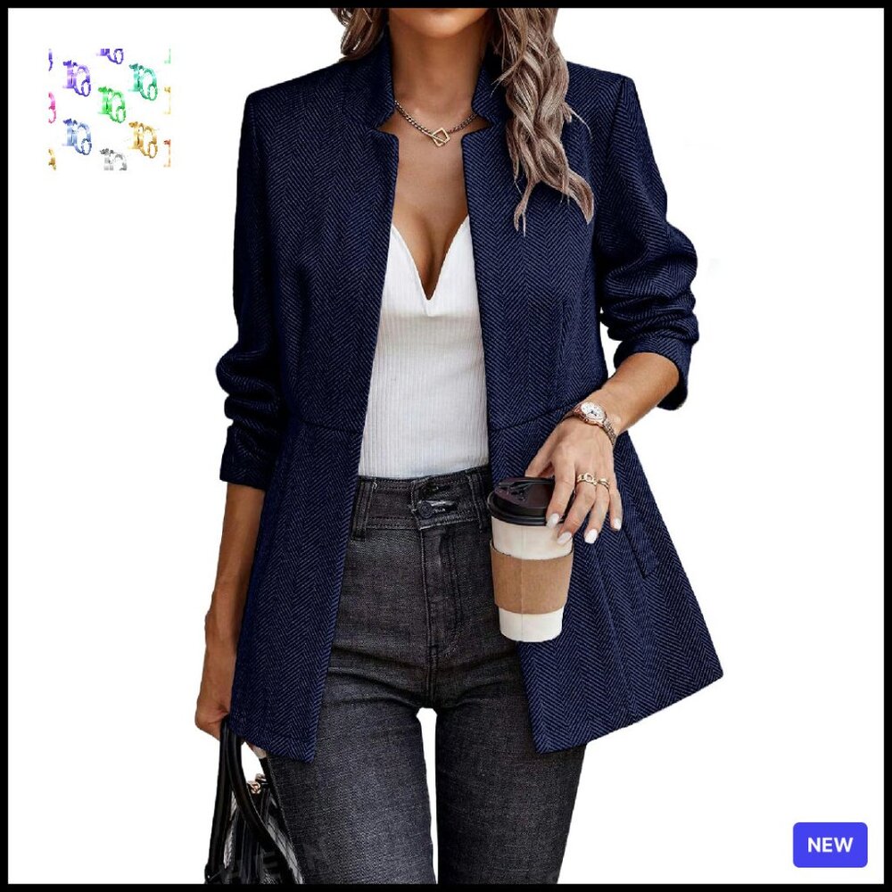 Herringbone Blazer Open Front Business Casual Long Sleeve Work Jacket Chic